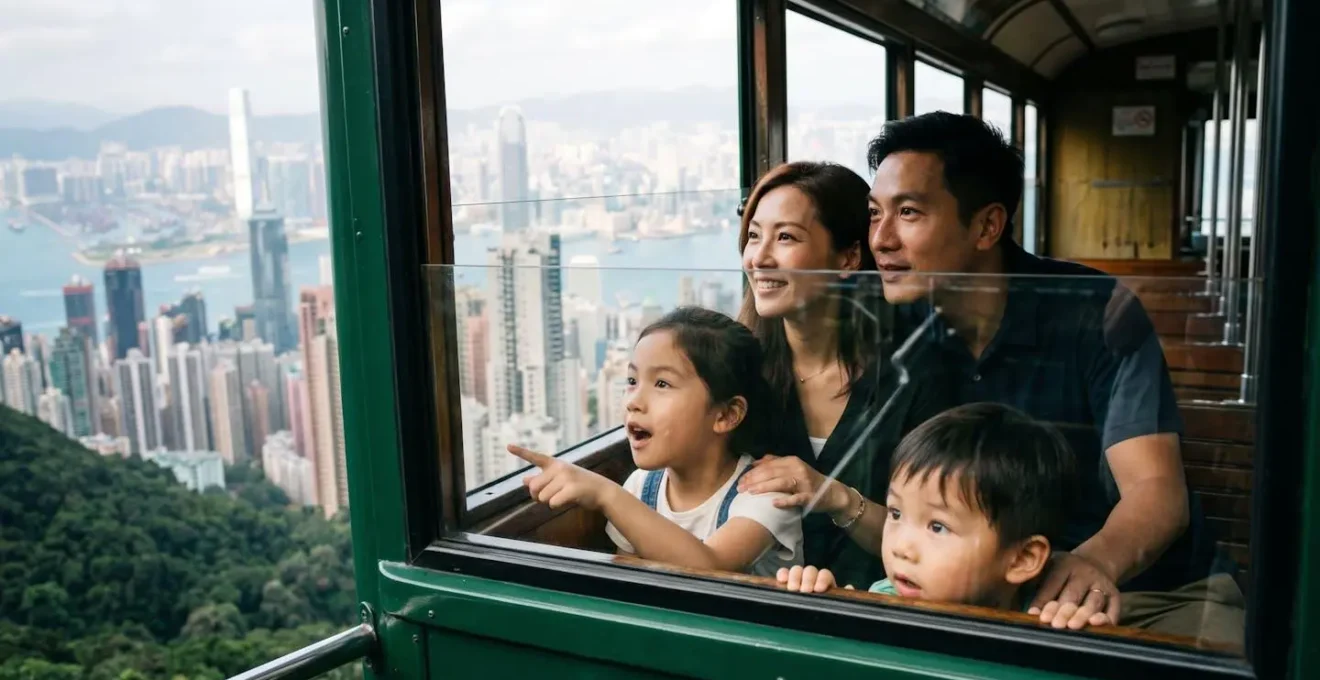 Family of four riding historic Peak Tram with panoramic Hong Kong harbor and skyscraper views
