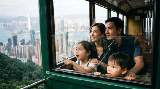Family of four riding historic Peak Tram with panoramic Hong Kong harbor and skyscraper views