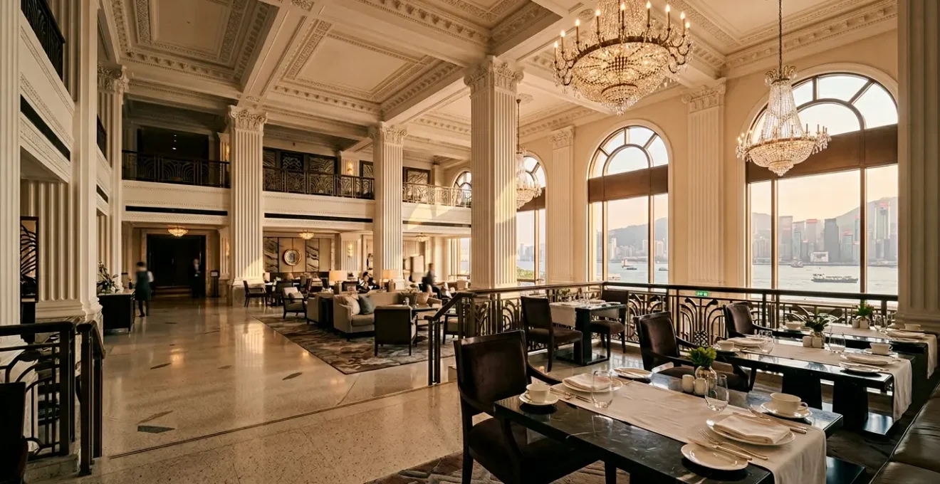 Elegant afternoon tea service setting in luxury Hong Kong hotel lobby