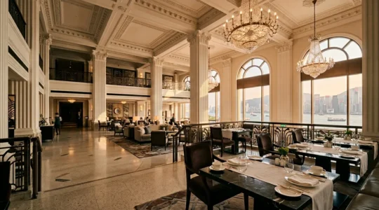 Elegant afternoon tea service setting in luxury Hong Kong hotel lobby