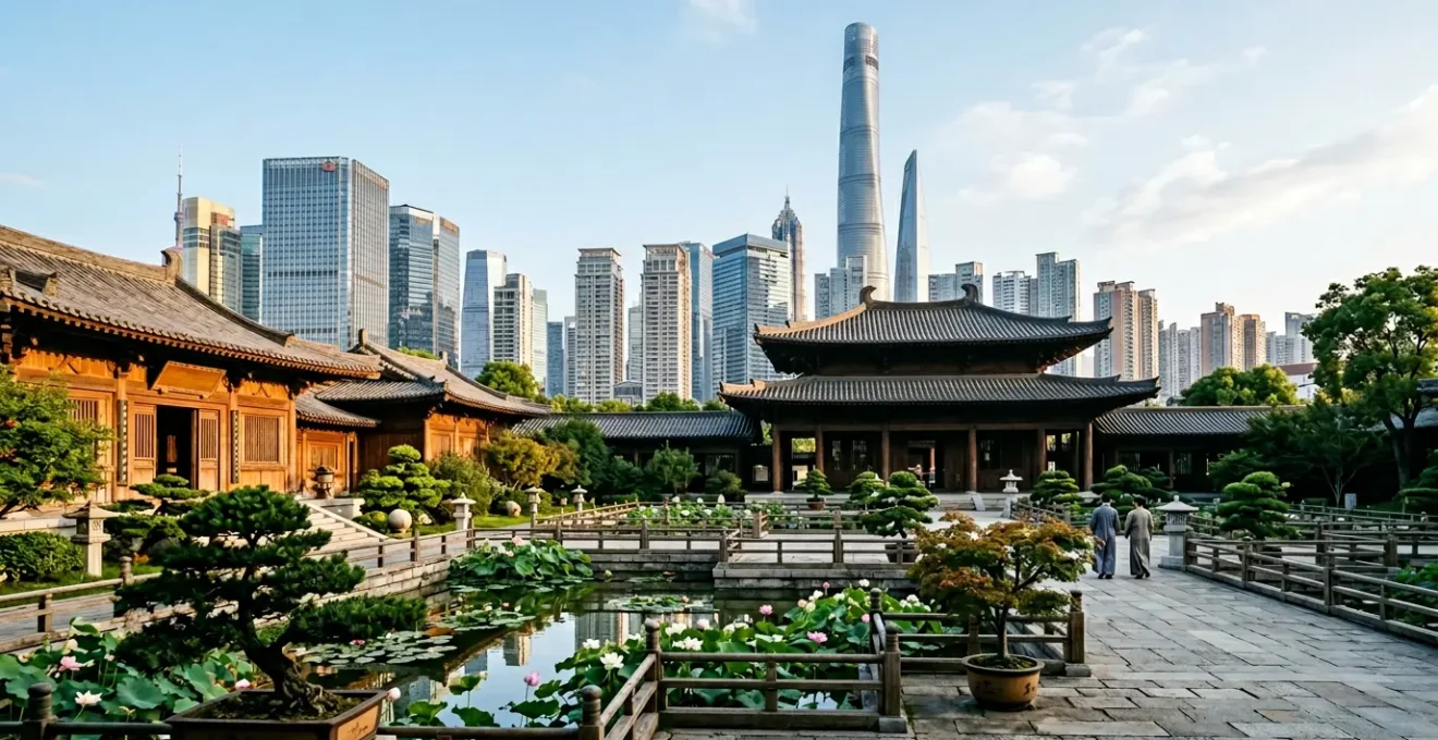 Traditional Tang Dynasty wooden temple courtyard with lotus pond and cypress trees surrounded by modern Hong Kong skyscrapers