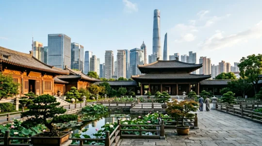 Traditional Tang Dynasty wooden temple courtyard with lotus pond and cypress trees surrounded by modern Hong Kong skyscrapers