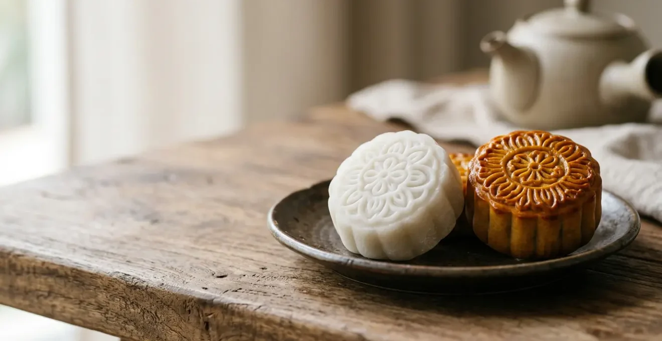 Two mooncakes side by side showcasing the contrast between modern snowy skin and traditional baked lotus varieties