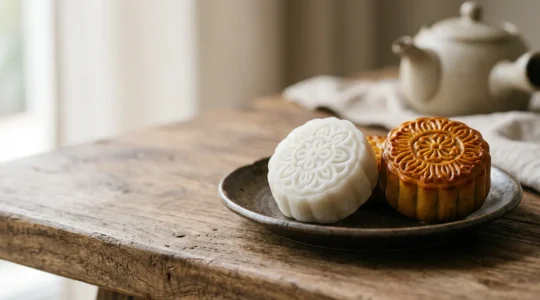 Two mooncakes side by side showcasing the contrast between modern snowy skin and traditional baked lotus varieties