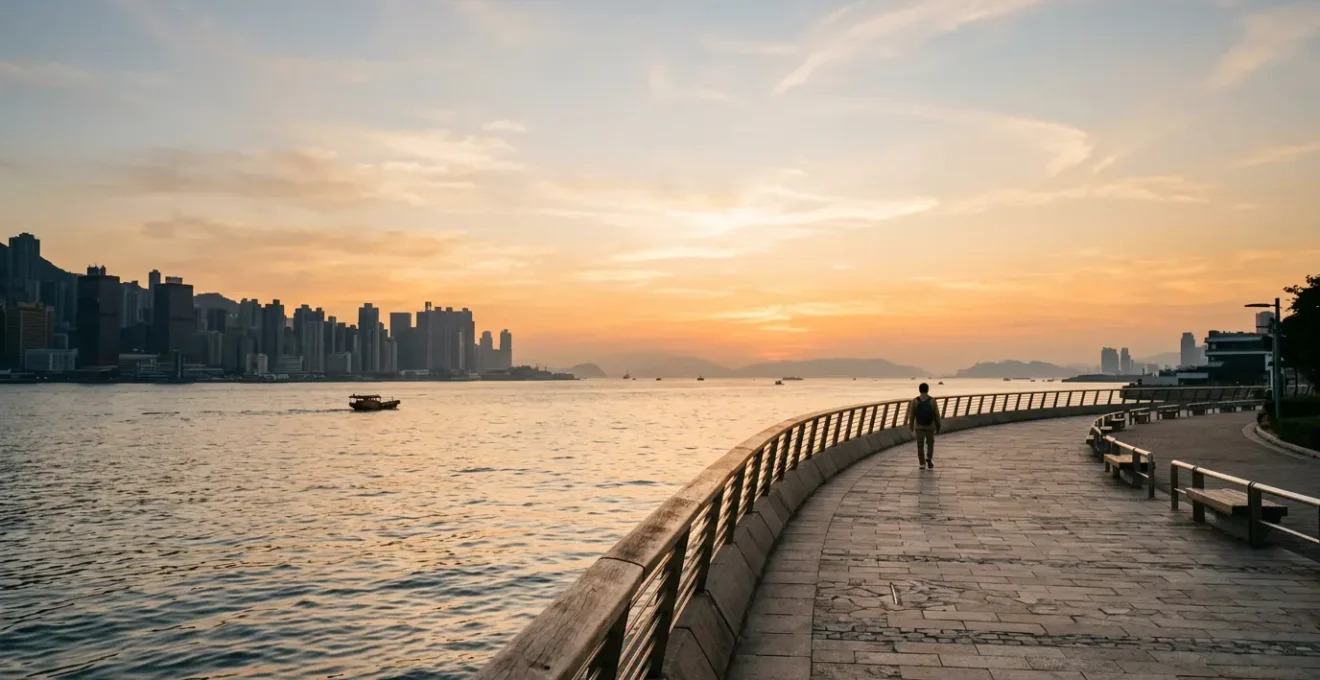 Wide panoramic view of Victoria Harbour waterfront promenade with Hong Kong skyline in background