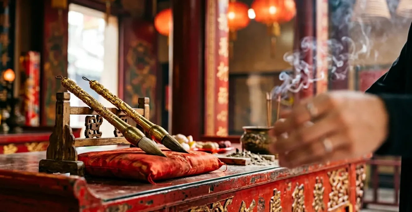 Hopeful student respectfully touching sacred golden calligraphy brushes at traditional Chinese temple altar seeking academic success