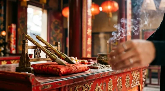 Hopeful student respectfully touching sacred golden calligraphy brushes at traditional Chinese temple altar seeking academic success