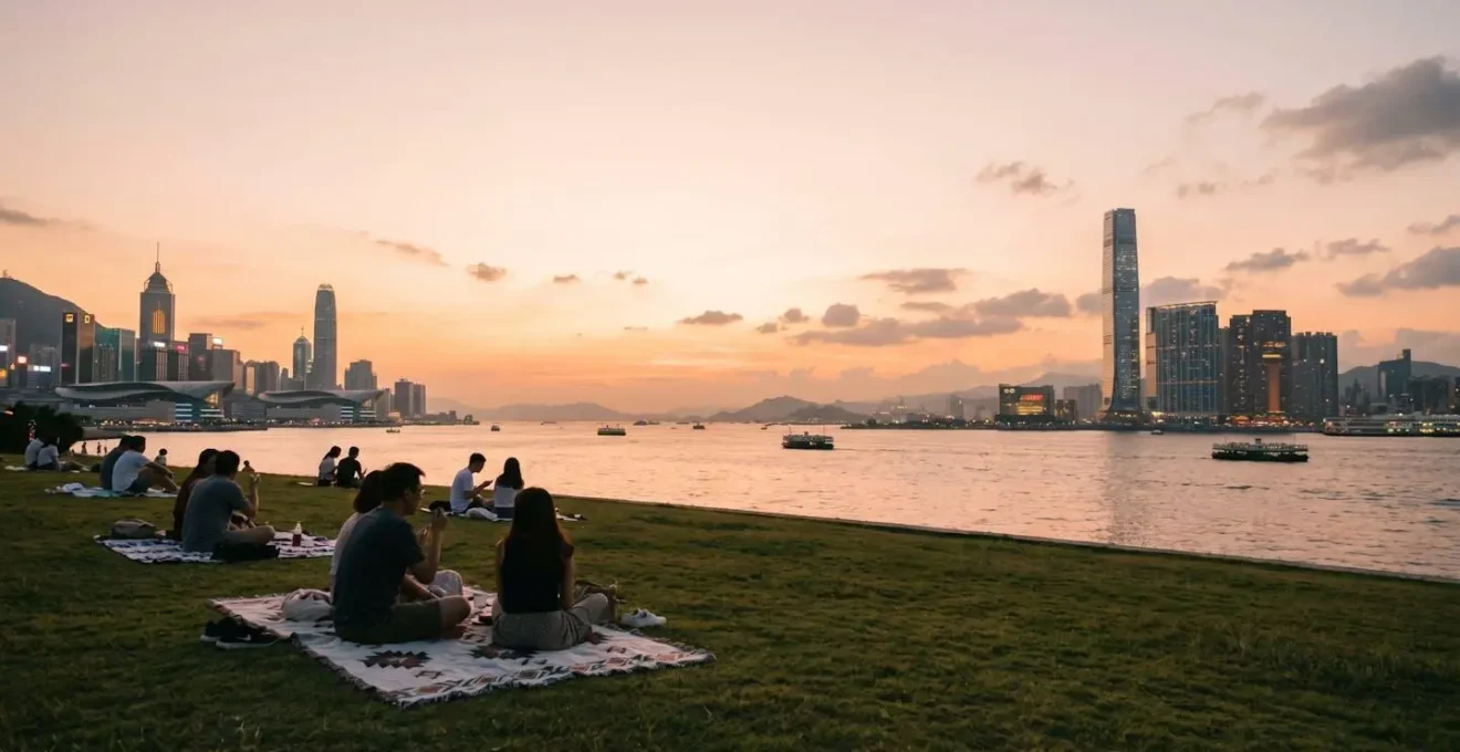 Panoramic view of people enjoying a sunset picnic on the grassy lawn at West Kowloon Art Park with Victoria Harbour and Hong Kong Island skyline in the background