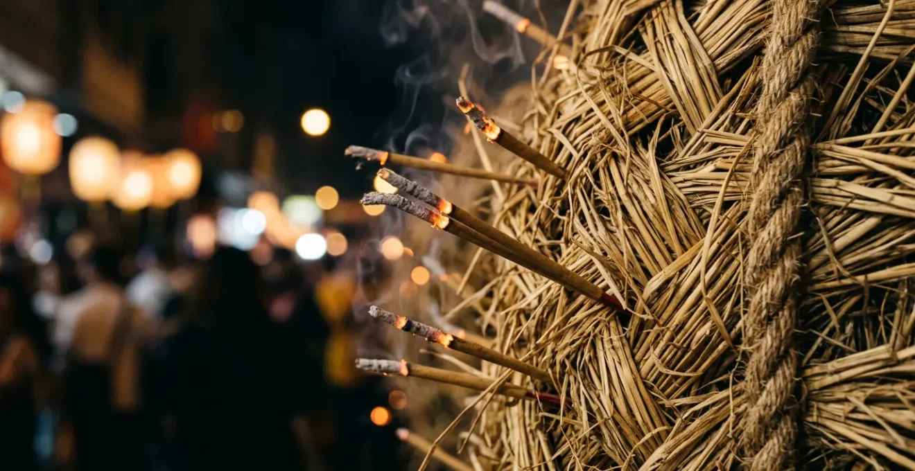 Close-up detail of traditional fire dragon construction showing woven pearl straw and burning incense sticks against Hong Kong night atmosphere