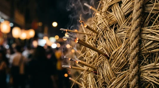 Close-up detail of traditional fire dragon construction showing woven pearl straw and burning incense sticks against Hong Kong night atmosphere