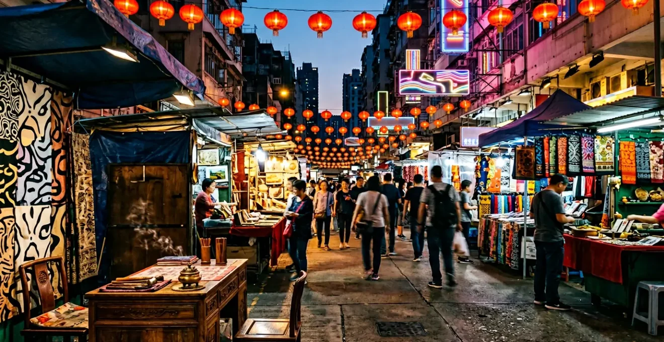 Vibrant Temple Street Night Market at dusk with neon lights, food vendors, and traditional fortune telling stalls in Hong Kong