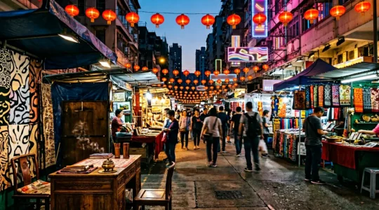 Vibrant Temple Street Night Market at dusk with neon lights, food vendors, and traditional fortune telling stalls in Hong Kong