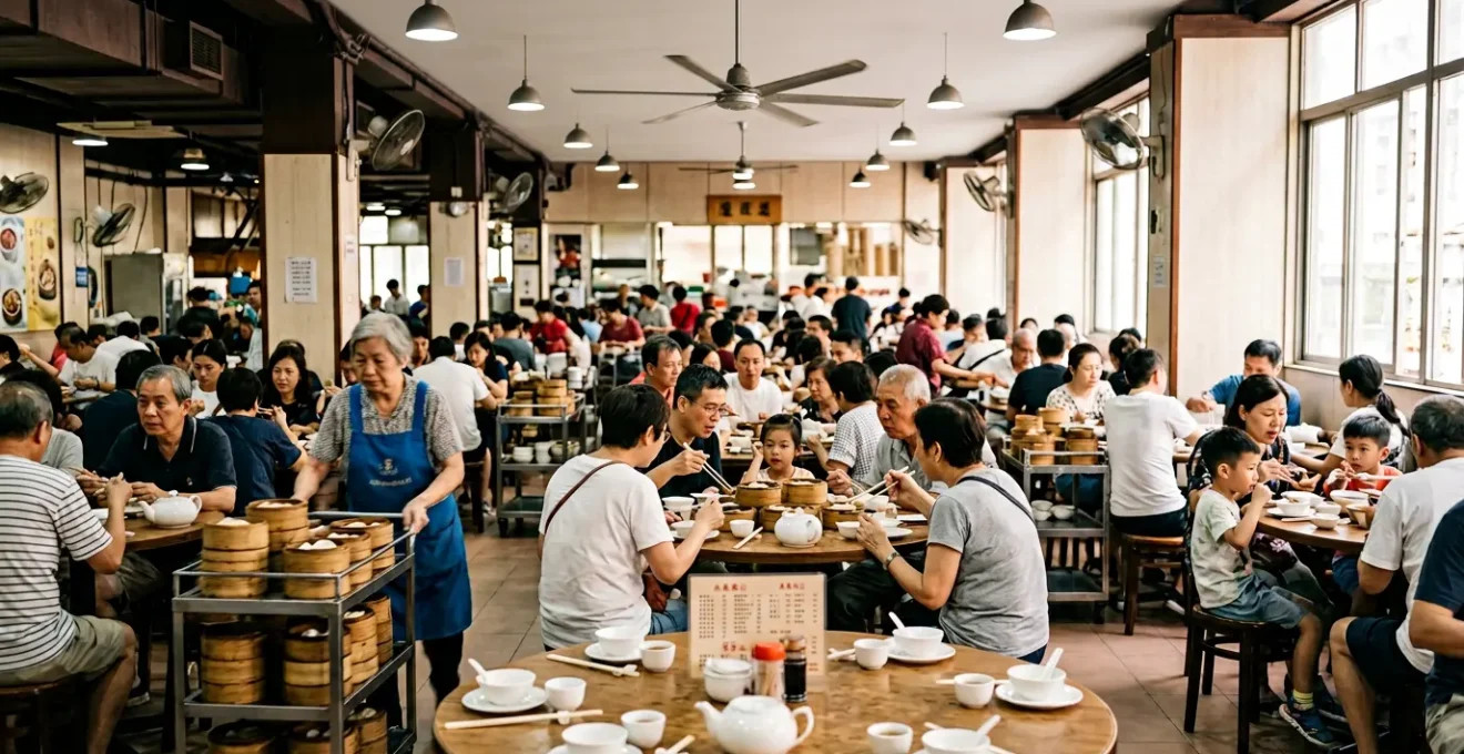 Wide view of a bustling traditional dim sum restaurant hall with bamboo steamer trolleys and round tables filled with diners