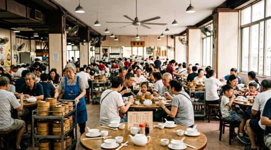 Wide view of a bustling traditional dim sum restaurant hall with bamboo steamer trolleys and round tables filled with diners