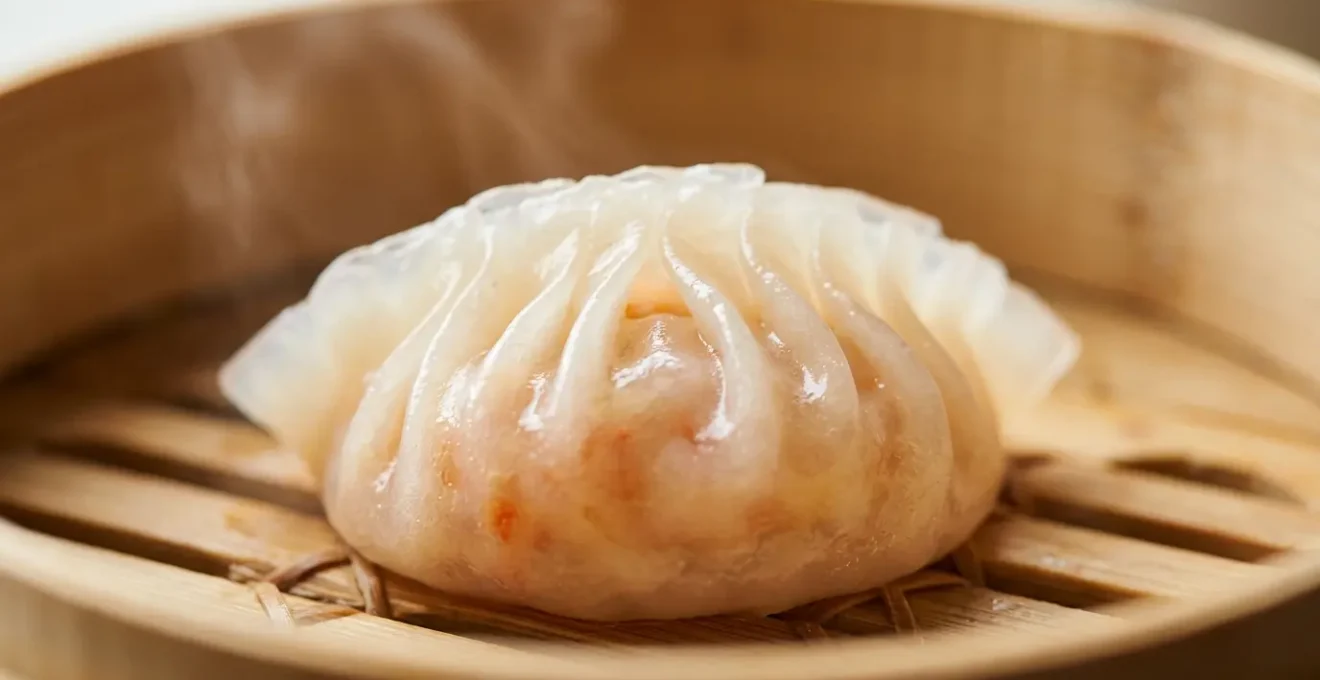 Close-up of a perfectly steamed har gow shrimp dumpling showing translucent skin and visible pink shrimp filling