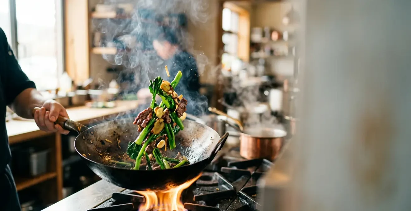 Close-up of a chef's wok with rising smoke and flames during high-heat stir-frying, capturing the essence of wok hei