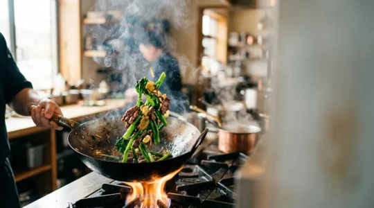 Close-up of a chef's wok with rising smoke and flames during high-heat stir-frying, capturing the essence of wok hei