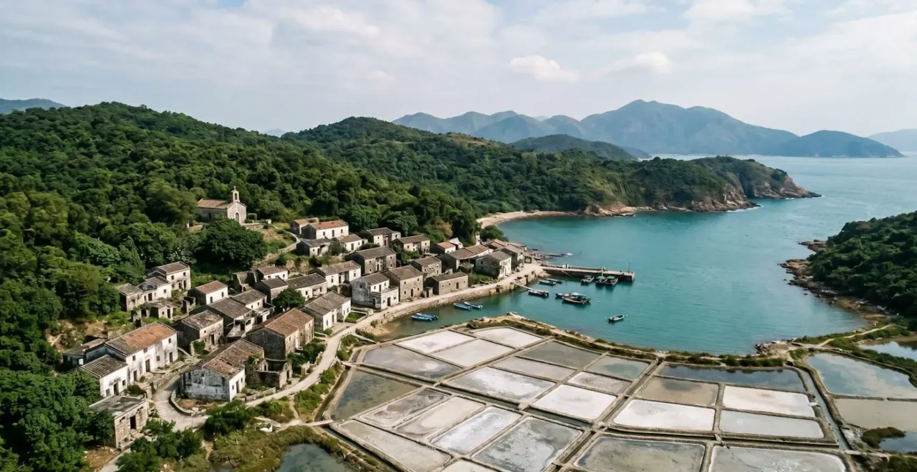 Aerial view of abandoned Hakka village on remote Hong Kong island with traditional salt pans and weathered stone houses
