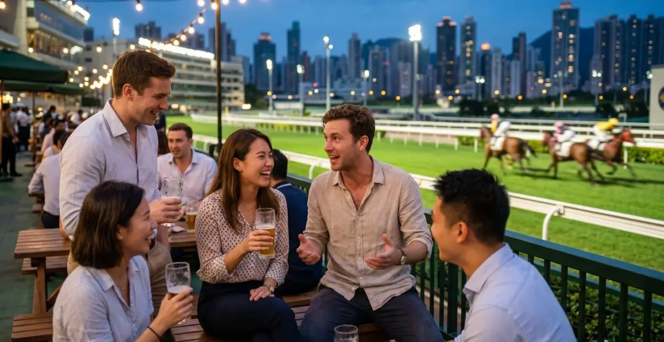 Lively outdoor beer garden atmosphere with people socializing trackside at Happy Valley Racecourse