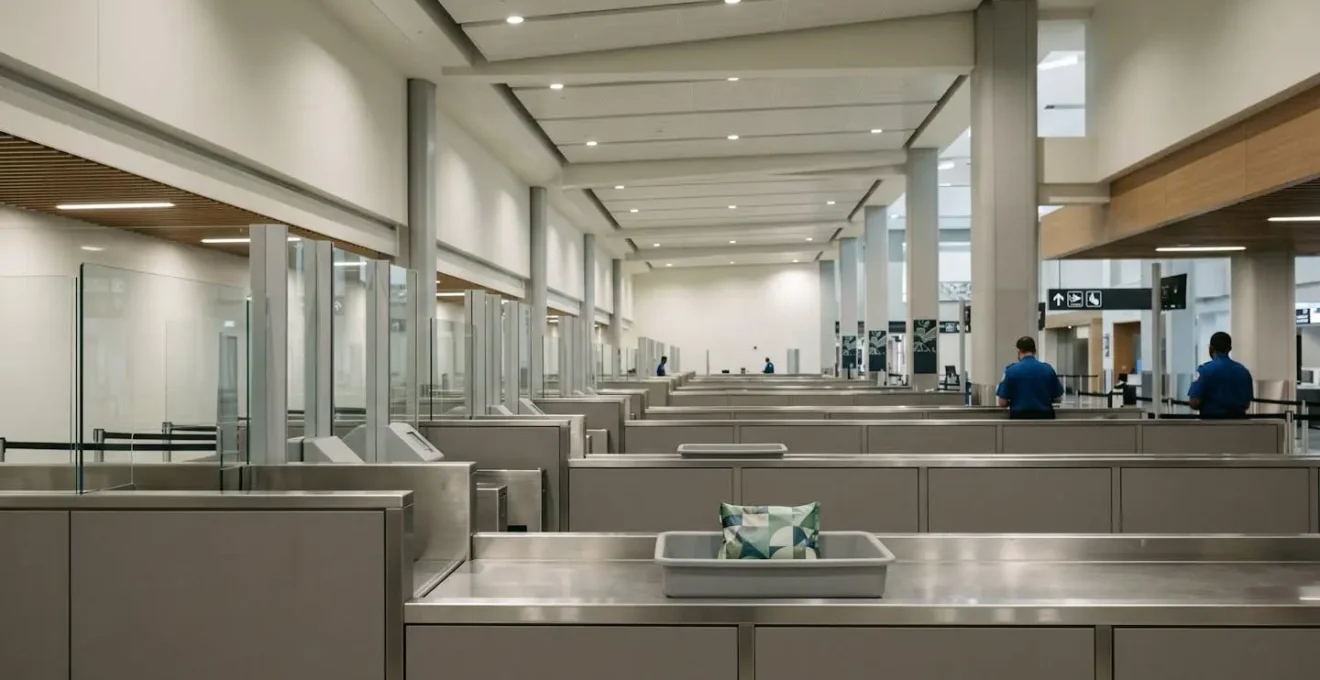 Airport customs checkpoint environment emphasizing biosecurity protocols for food products
