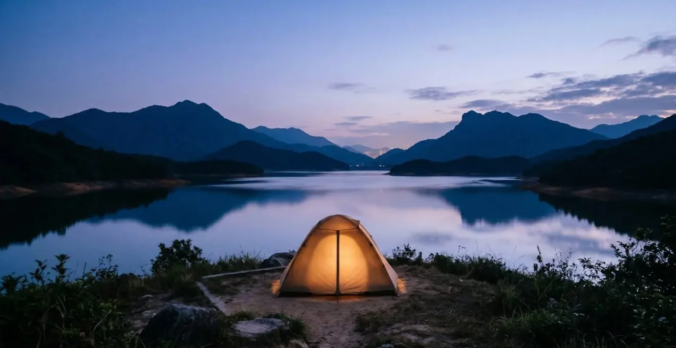 Camping tent pitched at country park campsite with reservoir and mountain backdrop at dusk