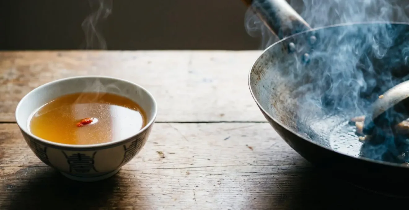 A minimalist composition showing a delicate ceramic soup bowl with clear golden broth in serene contrast to a distant wok with rising steam