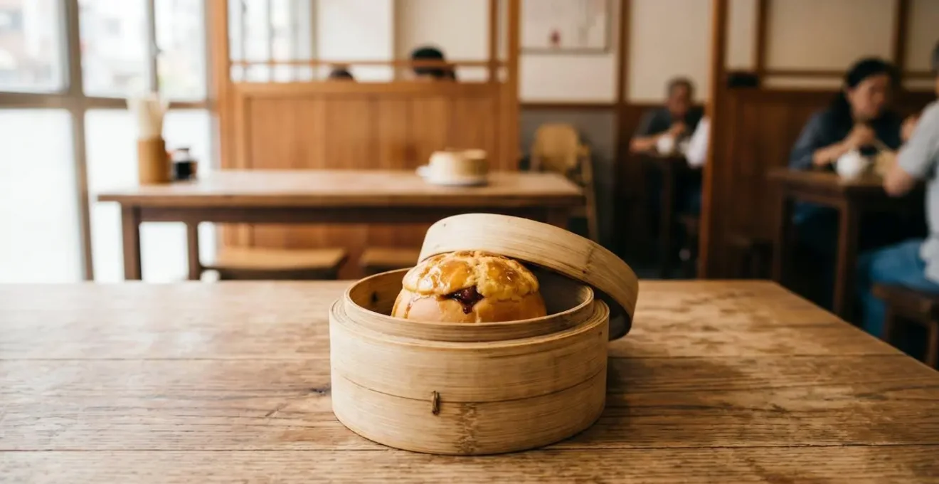 Wide angle composition showing char siu bao in traditional dim sum setting with soft natural lighting