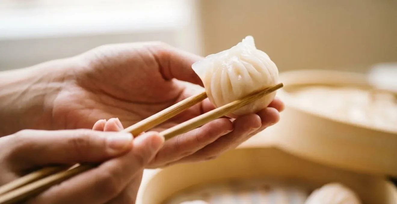 Close-up showing proper chopstick placement underneath a delicate dumpling creating a supportive cradle