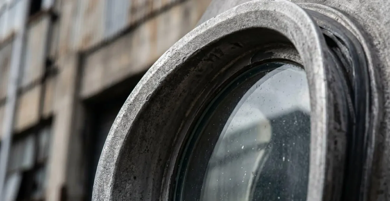 Macro detail of circular porthole window showing curved structural frame and wind-resistant design elements