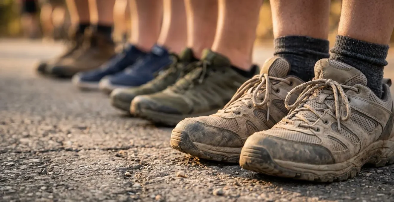 Macro close-up of dusty hiking boots and casual sneakers in a queue on pavement suggesting post-hike wait time