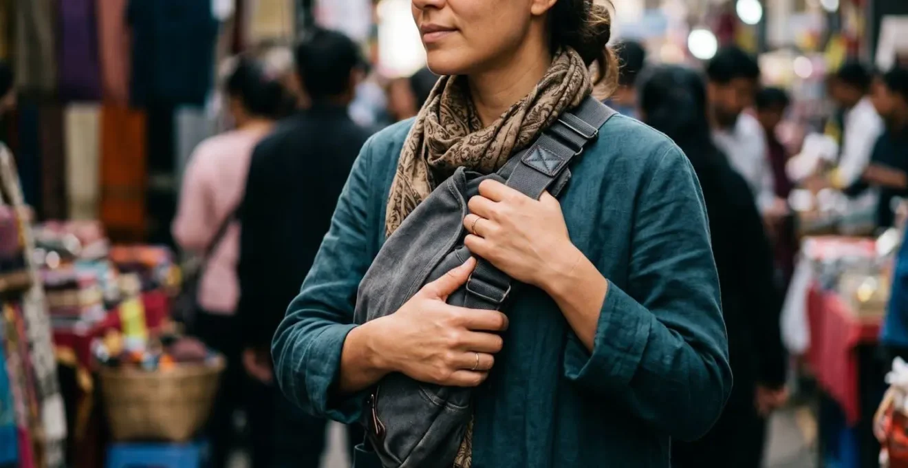 Close-up of traveler's hands securing cross-body bag in crowded urban setting