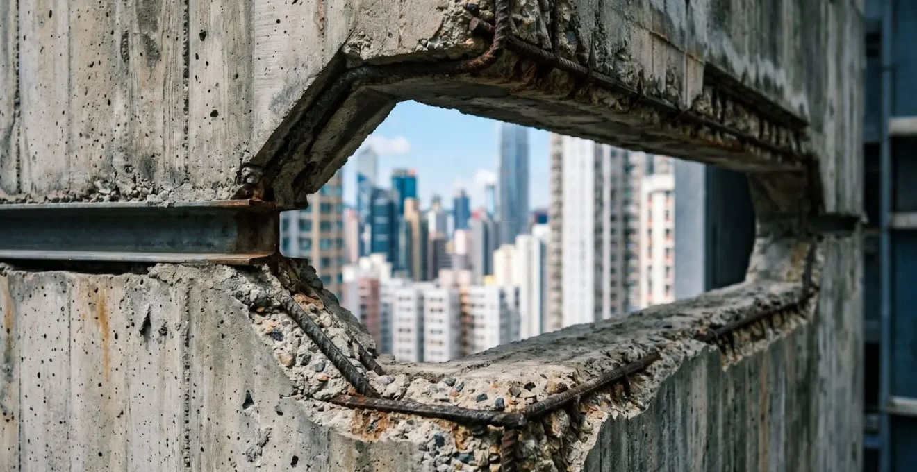 Close-up architectural detail of rectangular void in Hong Kong residential skyscraper showing structural engineering