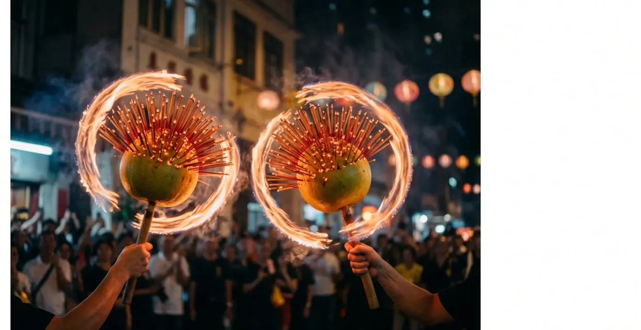 Two illuminated dragon pearls made from pomelos studded with burning incense creating radiant light trails in motion