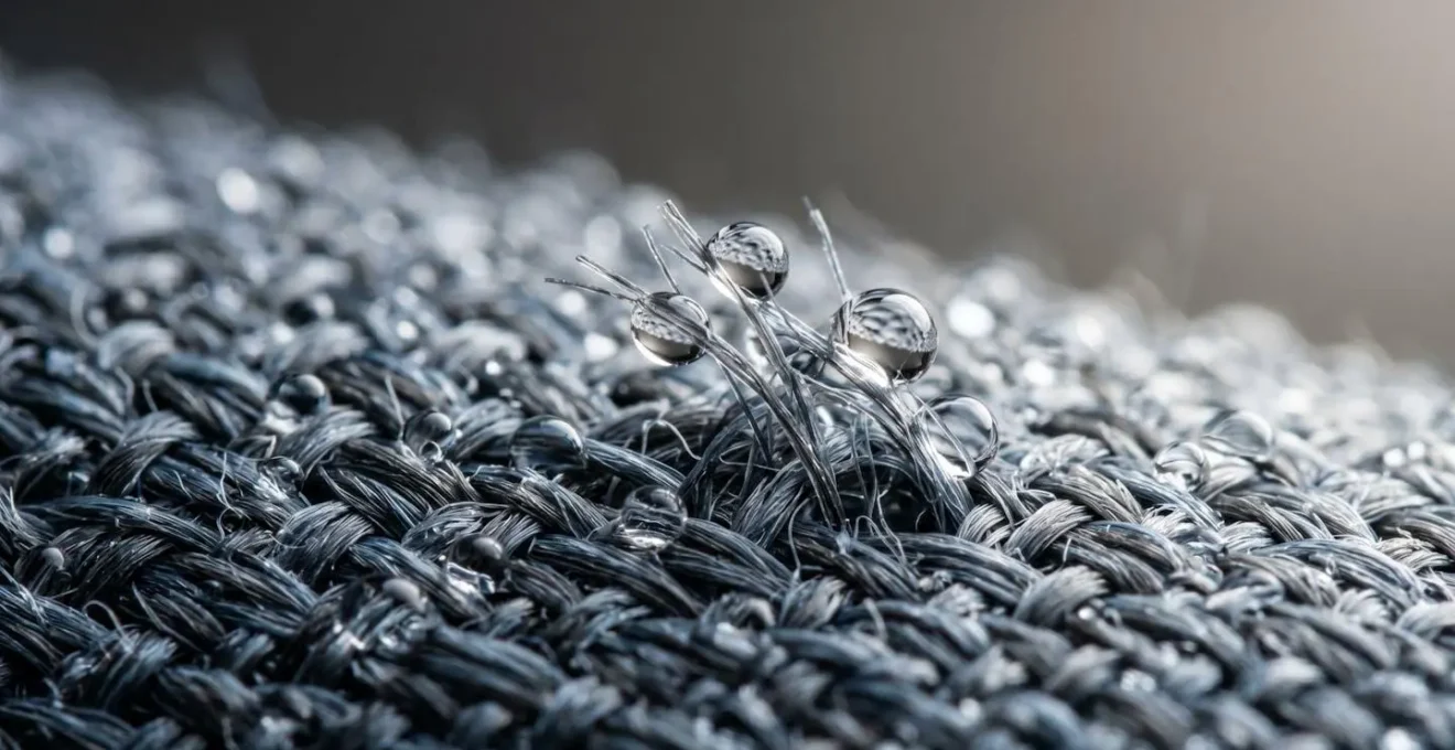 Macro detail of moisture-wicking synthetic fabric texture showing water-repellent properties