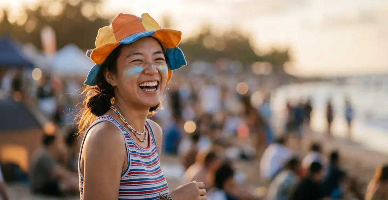 Close-up portrait of spectator wearing colorful festive accessories showing genuine excitement and festival spirit