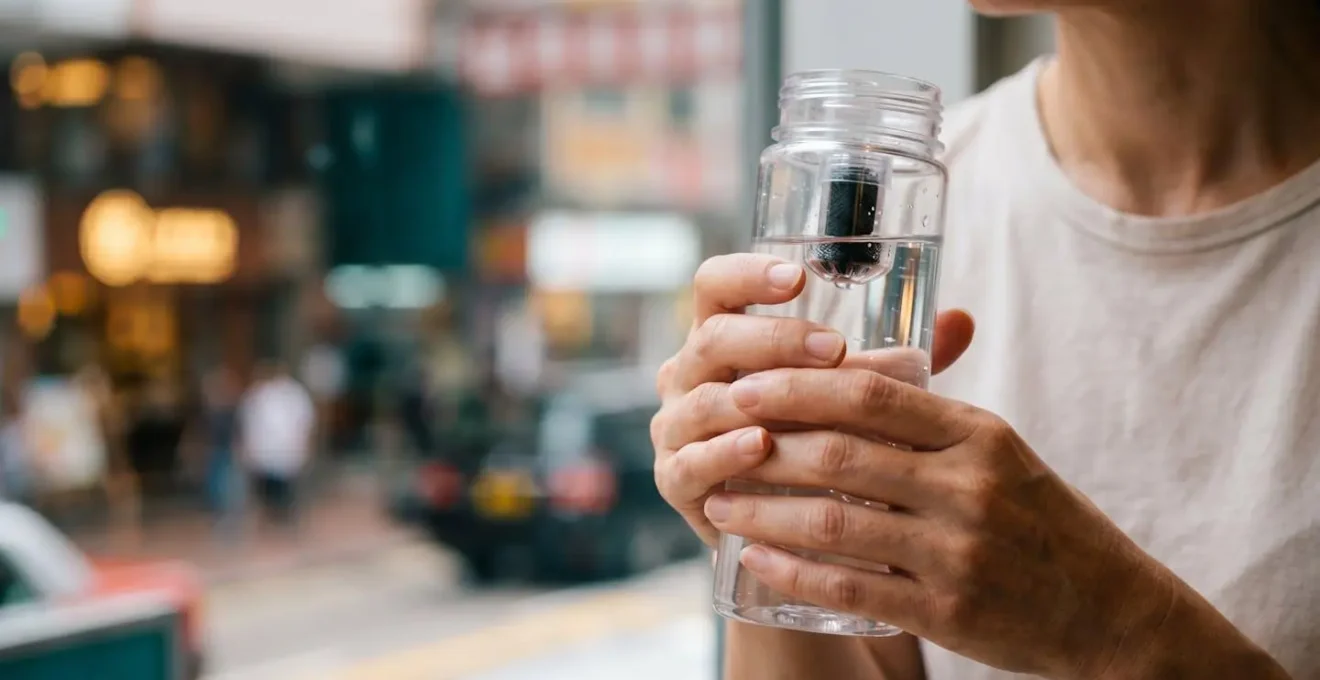 Close-up of traveler's hands holding reusable filtered water bottle with Hong Kong urban background softly blurred