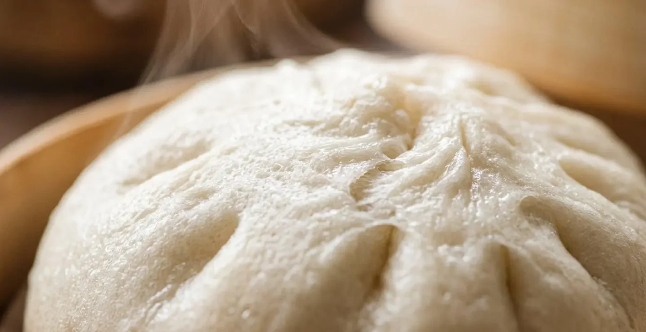 Close-up of freshly steamed traditional Chinese buns revealing texture and steam