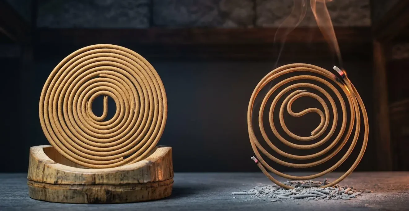 Wide-angle composition showing fresh unlit incense coil beside nearly finished smoldering coil representing passage of time