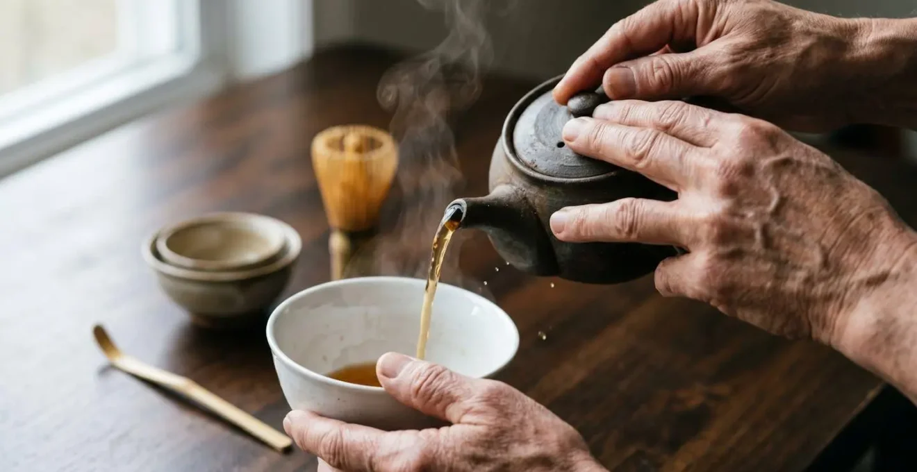 Close-up of hands gently pouring hot tea over nested chopsticks and porcelain bowls in the traditional rinsing ritual