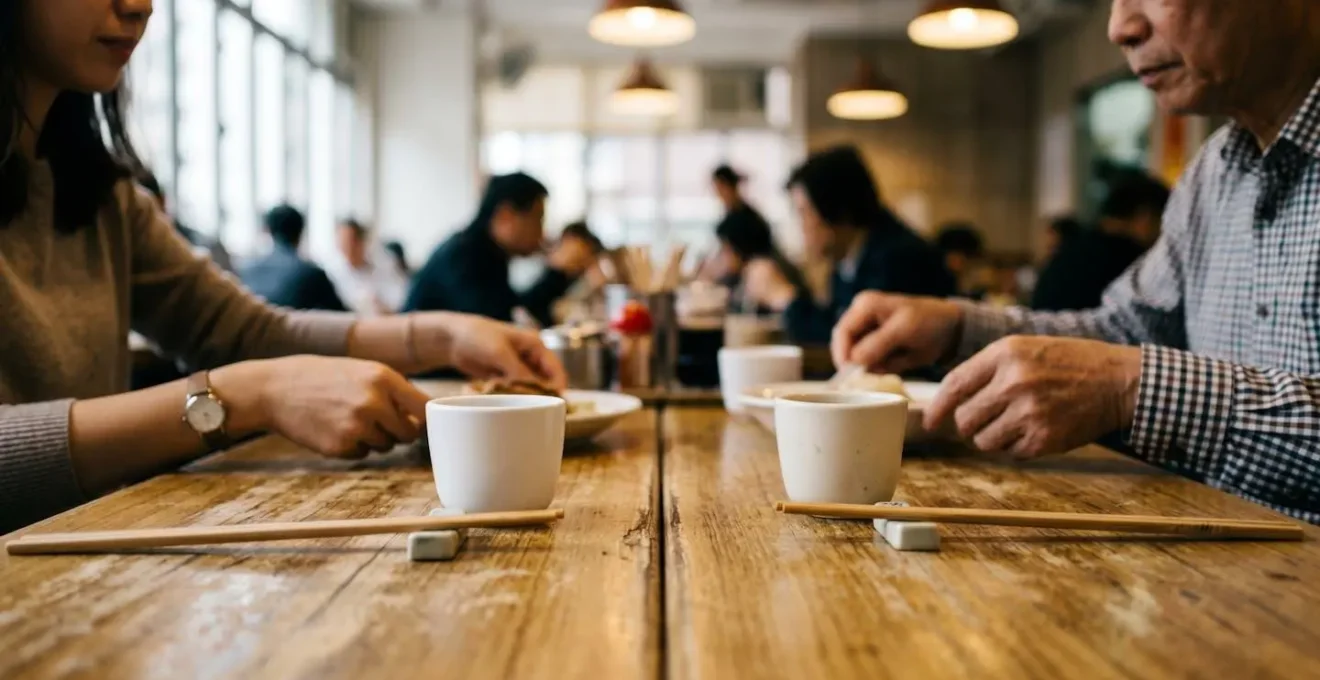 Close-up view of shared dining table in traditional Hong Kong restaurant showing communal eating culture