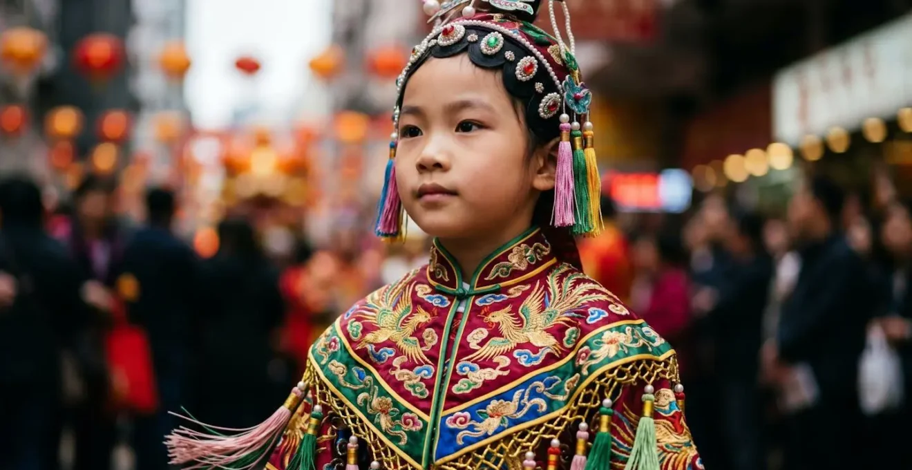 Medium shot of young performer in elaborate traditional Chinese parade costume with intricate embroidery and colorful silk fabrics