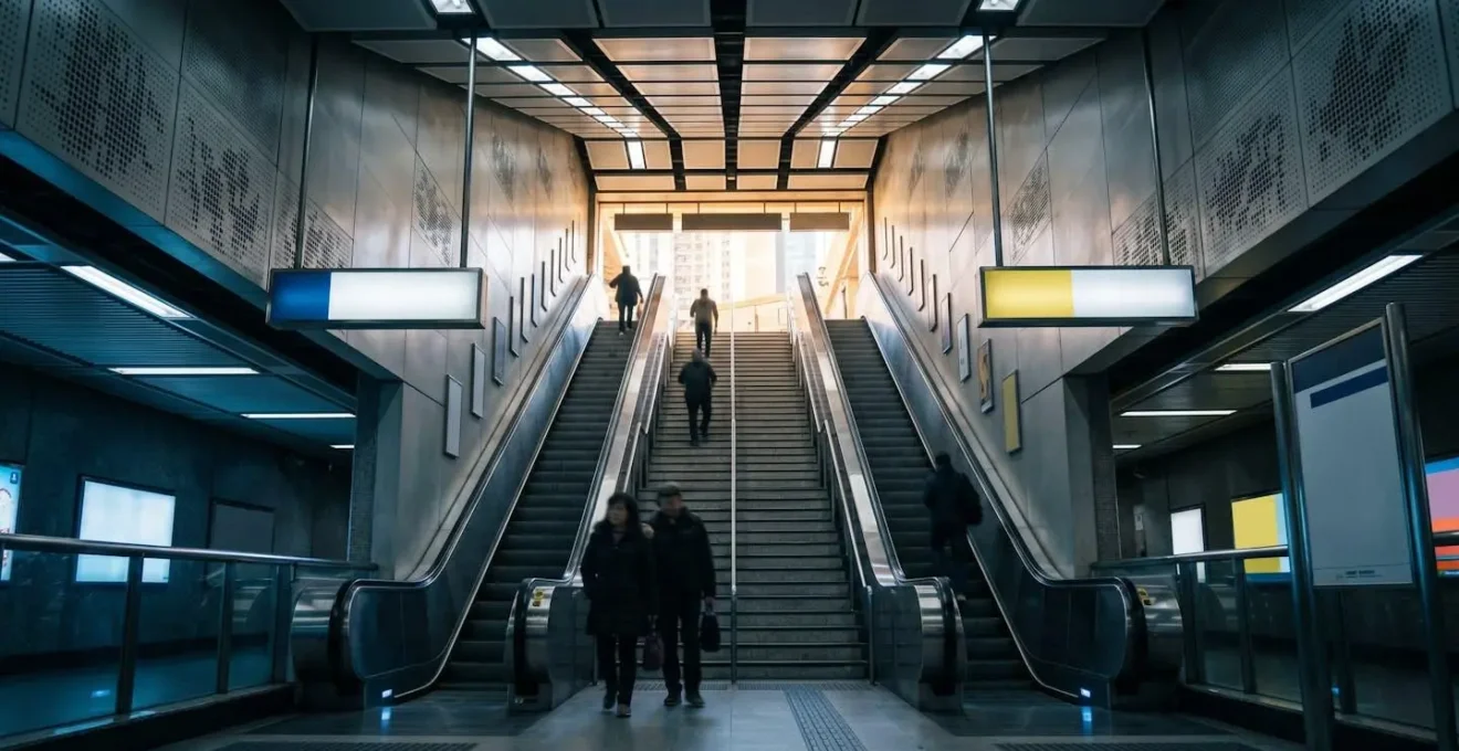 Climate-controlled underground MTR pedestrian tunnel connecting to building exits in Hong Kong
