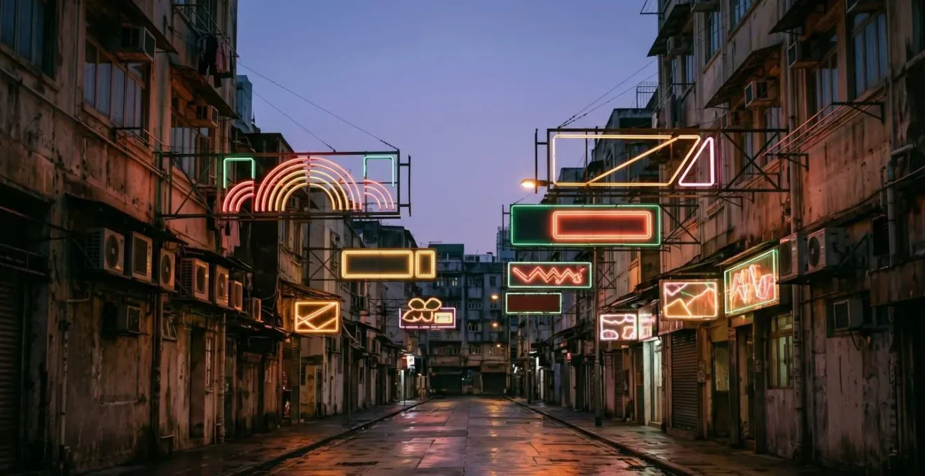 Atmospheric neon-lit Hong Kong street at dusk with warm glowing signs against twilight sky