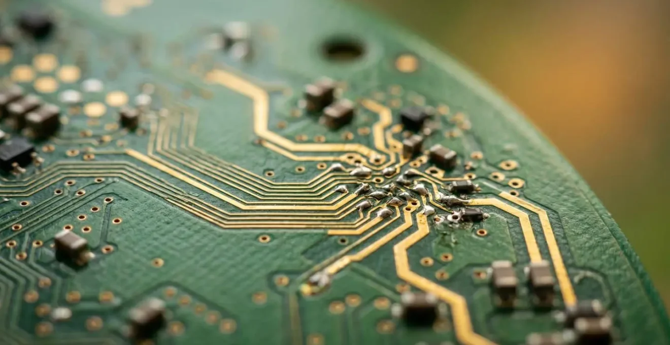 Extreme macro photograph of electronic circuit board with golden connectors showing digital connectivity technology detail