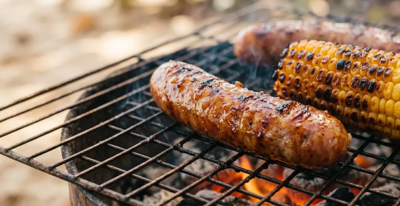 Macro close-up of grilled honey-glazed sausages and sweet corn on charcoal BBQ grill with shallow depth of field