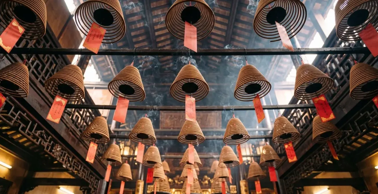 Massive spiral incense coils hanging from temple ceiling creating sacred smoky atmosphere
