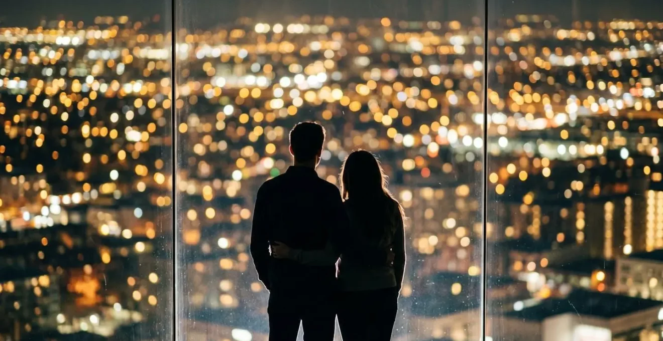 Symbolic image of two silhouetted figures against glowing city lights through glass