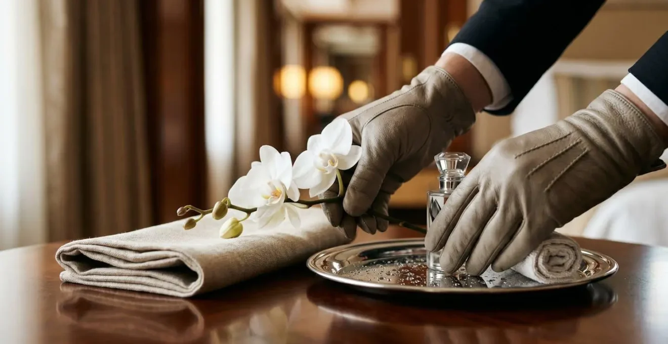 Close-up of butler hands arranging elegant hotel amenities with precision