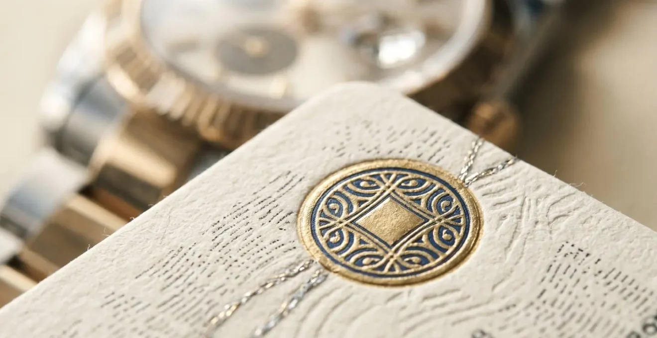 Close-up macro photography of luxury watch warranty documentation showing intricate security details and authentication markings