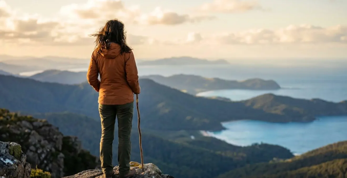 Solo hiker standing on mountain ridge with panoramic coastal views along MacLehose Trail